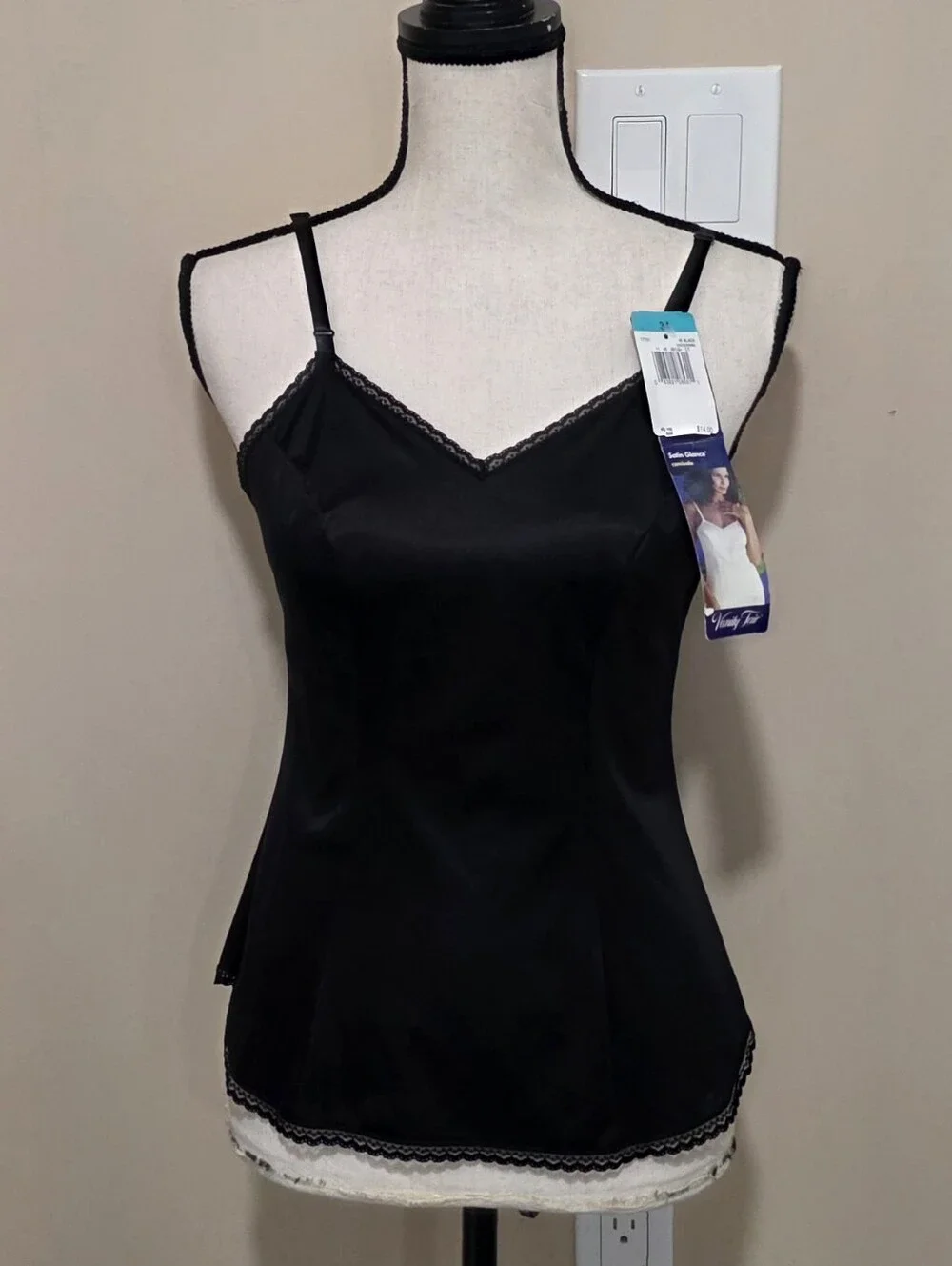 Vanity Fair Vintage Silky Nylon Lace Trim  Black   Camisole